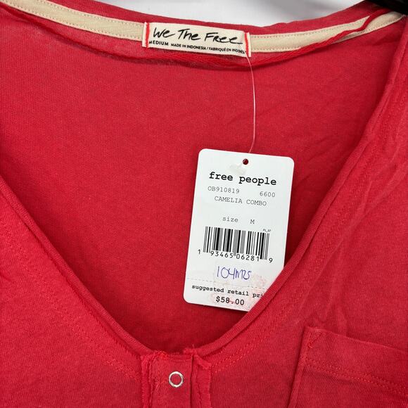 Free People Women's 3/4 Blouse Heart of Mine Cotton Flounce-Hem Colorblock Red M - Picture 6 of 7